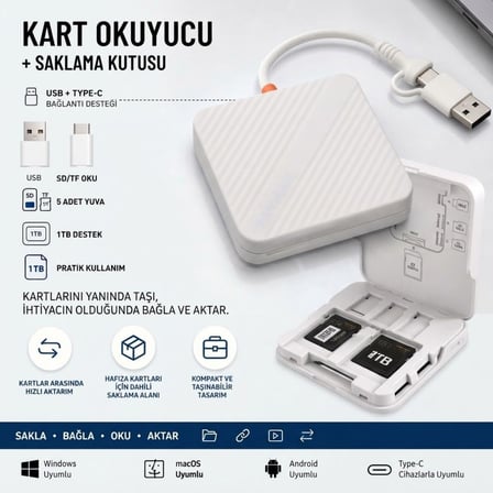 BUFFER® USB ve Type-C Uyumlu Çok Fonksiyonlu SD TF Kart Okuyucu, USB 3.0 5Gbps Yüksek Hızlı Veri Akt