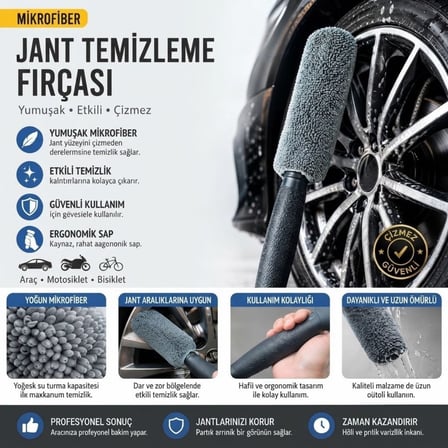 BUFFER® Mikrofiber Jant Temizleme Fırçası Yumuşak Çizmez Saplı Araba Motosiklet Lastik Yıkama Bakım 