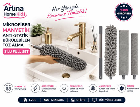 210cm Teleskopik 3 Farklı Başlıklı Mikrofiber Toz Alma Temizlik Seti  