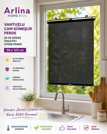 Güneşten Koruyan Ayarlana Bilir Tüm Araçlara Ve Ev Camlarına Uyumlu Vantuzlu Pencere Perdesi  50*125