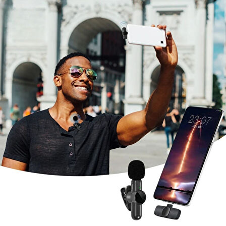 BUFFER® Type C Uyumlu İphone Dönüştürücülü Kablosuz Yaka Mikrofonu Android ve İphone Uyumlu
