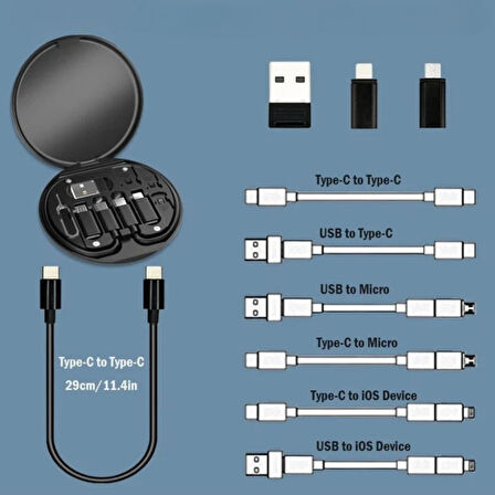 BUFFER® 60w Destekli Kablo Kutusu Seyahat Kablo Seti 5'i 1 arada USB Type-C Şarj Kablosu Seti 