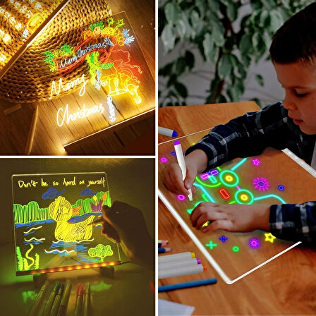 BUFFER® LED Işıklı Kendiliğinden Renkli Fosforlu Kalemli Kare Yazı Panosu 20x20 cm