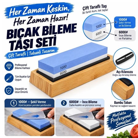 BUFFER 1000/6000 Çift Taraflı Bıçak Bileme Taşı Seti, Tabanlı Manuel Bıçak Bileyici, Açı Kılavuzlu v