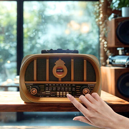 BUFFER® Orta Boy Retro, Nostaljik, Ahşap Tasarım Bluetooth Hoparlörlü, Şarjlı, Taşınabilir Oval Ön Y