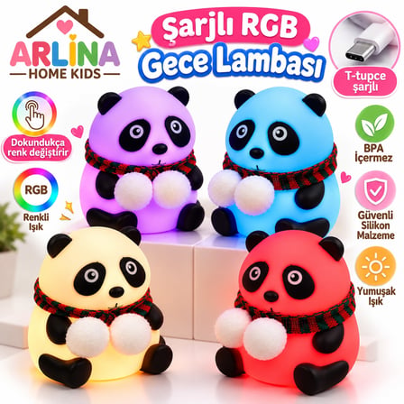 Sevimli Panda Gece Lambası RGB Renk Değiştiren Dokunmatik Silikon Bebek Çocuk Odası Şarjlı LED