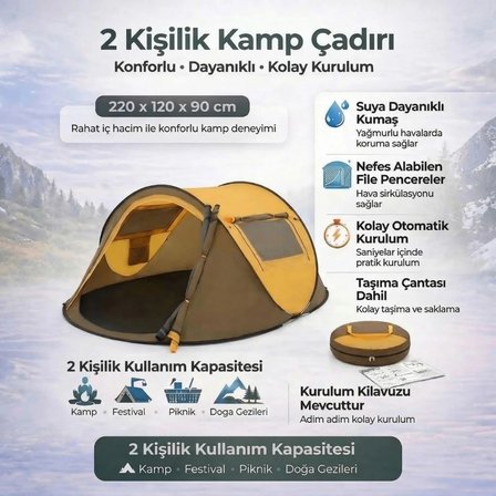 BUFFER® 2 Kişilik Vagon Tipi Yarı Otomatik Kamp Çadırı – Çift Kapılı, Çift Pencereli, Hafif Taşınabi