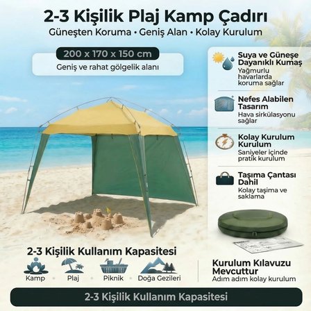 BUFFER® 3 Kişilik Yarı Otomatik Plaj ve Kamp Çadırı – 3 Tarafı Açık Gölgelik, Taşınabilir Plaj Tente