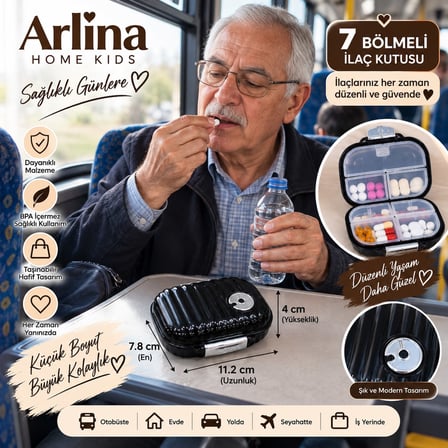 Arlina Home Kids 7 Bölmeli İlaç Kutusu Siyah Taşınabilir Düzenleyici
