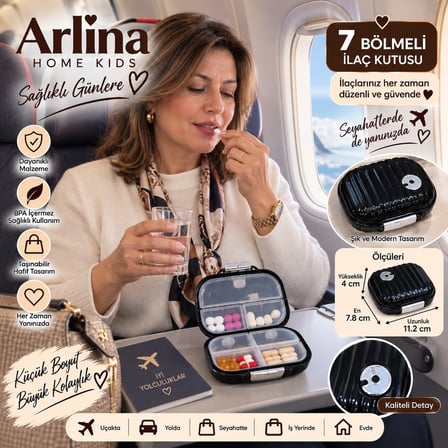 Arlina Home Kids 7 Bölmeli İlaç Kutusu Siyah Taşınabilir Düzenleyici