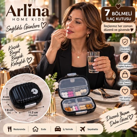 Arlina Home Kids 7 Bölmeli İlaç Kutusu Siyah Taşınabilir Düzenleyici
