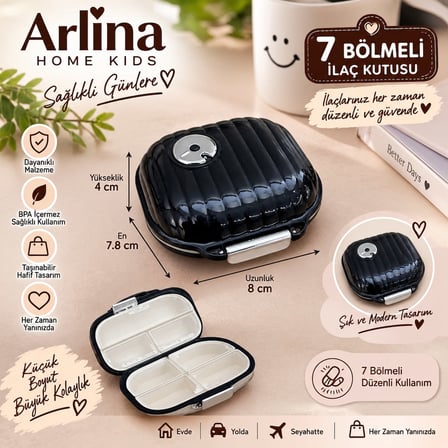 Arlina Home Kids 7 Bölmeli İlaç Kutusu Siyah Taşınabilir Düzenleyici