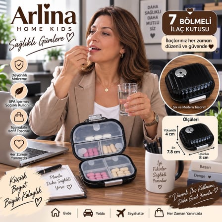 Arlina Home Kids 7 Bölmeli İlaç Kutusu Siyah Taşınabilir Düzenleyici