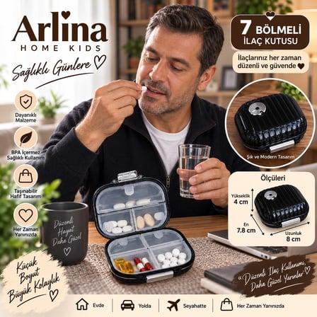 Arlina Home Kids 7 Bölmeli İlaç Kutusu Siyah Taşınabilir Düzenleyici