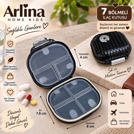 Arlina Home Kids 7 Bölmeli İlaç Kutusu Siyah Taşınabilir Düzenleyici