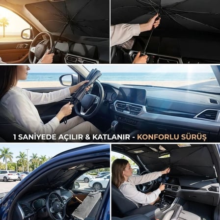 BUFFER® Premium Katlanabilir Araç Ön Cam Güneşliği – Şemsiye Tipi Oto Güneşlik, UV Korumalı Isı Yalı