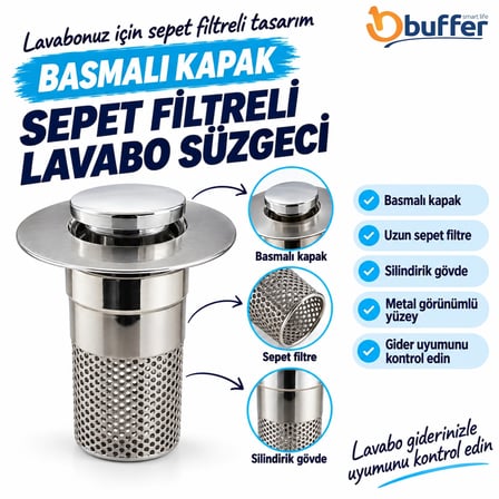 BUFFER Sepet Filtreli Basmalı Lavabo Gider Süzgeci, Uzun Silindirik Filtreli Lavabo Tıpası, Saç ve K