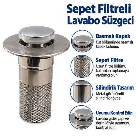 BUFFER Sepet Filtreli Basmalı Lavabo Gider Süzgeci, Uzun Silindirik Filtreli Lavabo Tıpası, Saç ve K