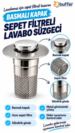 BUFFER Sepet Filtreli Basmalı Lavabo Gider Süzgeci, Uzun Silindirik Filtreli Lavabo Tıpası, Saç ve K