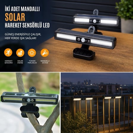 BUFFER® 2 Adet 36 LED Mandallı Solar Lamba, Güneş Enerjili, Hareket Sensörlü, 3 Modlu, Kıskaçlı Kabl