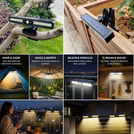 BUFFER® 2 Adet 36 LED Mandallı Solar Lamba, Güneş Enerjili, Hareket Sensörlü, 3 Modlu, Kıskaçlı Kabl