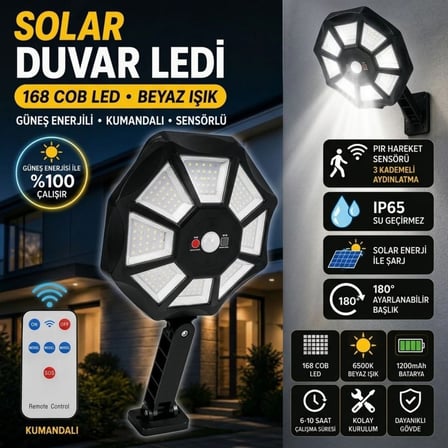 BUFFER® 168B Solar LED Büyük Dış Mekân Lambası, Hareket Sensörlü, Kumandalı, 3 Modlu Ultra Parlak CO