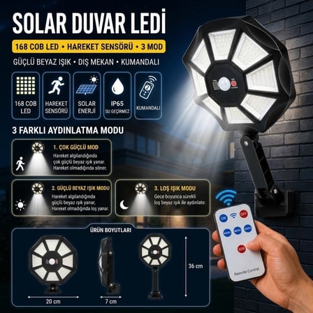 BUFFER® 168B Solar LED Büyük Dış Mekân Lambası, Hareket Sensörlü, Kumandalı, 3 Modlu Ultra Parlak CO