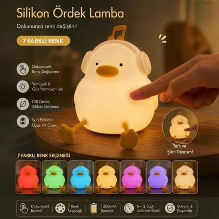 BUFFER® Vurmalı 7 Renkli Silikon Ördek LED Masa Lambası, Müzisyen Tasarımlı, Dokunmatik Renk Değişti
