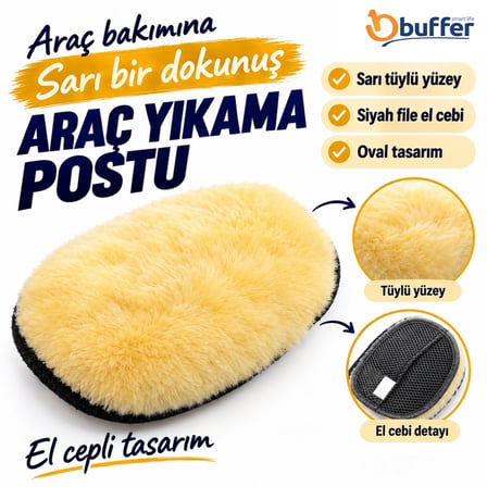 BUFFER Sarı El Cepli Araç Yıkama ve Parlatma Postu, Siyah File Cepli Oval Oto Temizlik Eldiveni, Tüy
