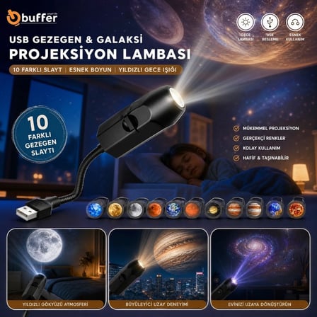 BUFFER USB Gezegen ve Galaksi Projeksiyon Lambası 10 Slaytlı Esnek Boyunlu Yıldızlı Gece Uzay Temalı