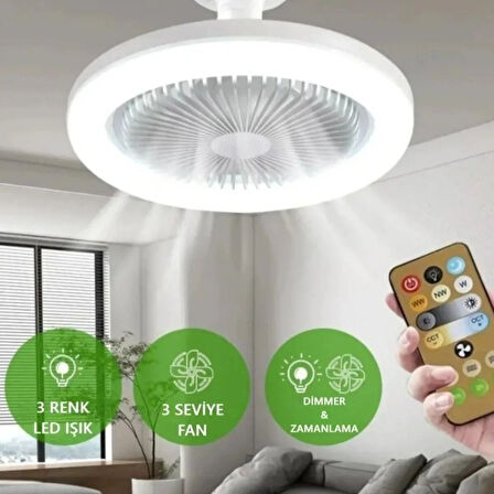 BUFFER®E27 Duylu 3 Farklı Işık Modlu ve 3 Seviye Fan Güçlü Uzaktan Kumandalı, Sessiz Kullanımlı, Kol