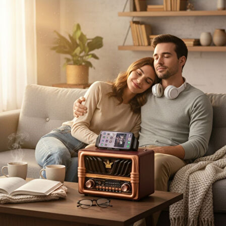 BUFFER® Büyük Boy Telefon Tutma Saplı Retro Ahşap Tasarım Bluetooth Hoparlörlü Radyo – FM/AM Destekl