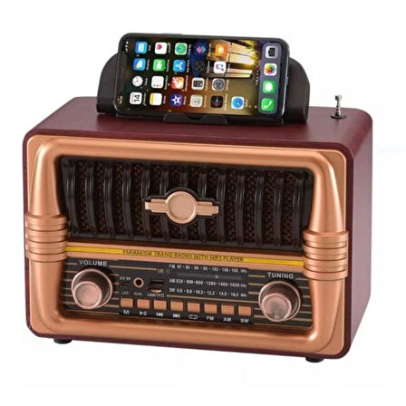 BUFFER® Büyük Boy Telefon Tutma Aparatlı Retro Ahşap Tasarım Bluetooth Hoparlörlü Radyo – FM/AM Dest