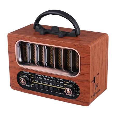 BUFFER® Orta Boy Retro Ahşap Tasarım Bluetooth Hoparlörlü Radyo – FM/AM Destekli, Şarjlı ve Taşınabi