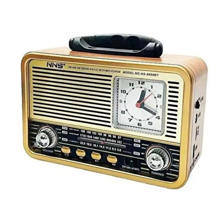 BUFFER® Orta Boy Saat Göstergeli Retro Ahşap Tasarım Bluetooth Hoparlörlü Radyo – FM/AM Destekli, Şa
