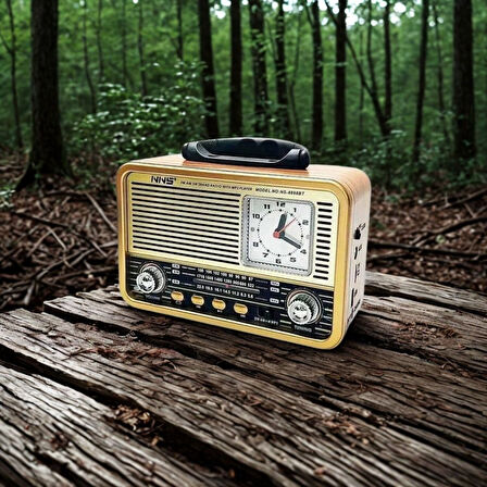 BUFFER® Orta Boy Saat Göstergeli Retro Ahşap Tasarım Bluetooth Hoparlörlü Radyo – FM/AM Destekli, Şa