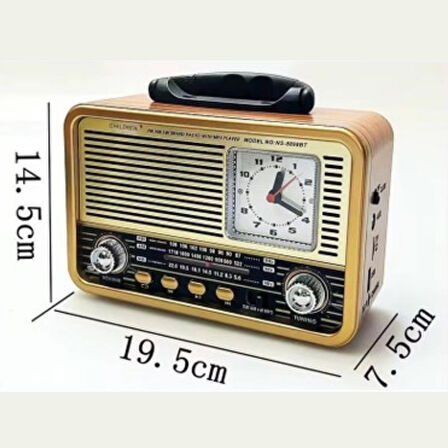 BUFFER® Orta Boy Saat Göstergeli Retro Ahşap Tasarım Bluetooth Hoparlörlü Radyo – FM/AM Destekli, Şa