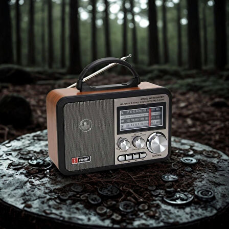 BUFFER® Orta Boy Retro, Nostaljik, Ahşap Tasarım Bluetooth Hoparlörlü, Şarjlı, Taşınabilir FM/AM Des
