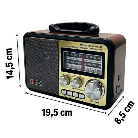 BUFFER® Orta Boy Retro, Nostaljik, Ahşap Tasarım Bluetooth Hoparlörlü, Şarjlı, Taşınabilir FM/AM Des