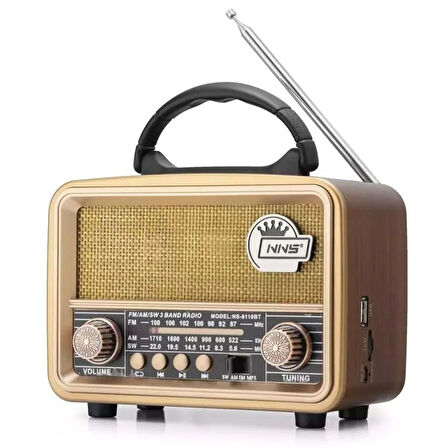 BUFFER® Orta  Boy Retro, Nostaljik, Ahşap Tasarım Bluetooth Hoparlörlü, Şarjlı, Taşınabilir FM/AM De