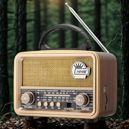BUFFER® Orta  Boy Retro, Nostaljik, Ahşap Tasarım Bluetooth Hoparlörlü, Şarjlı, Taşınabilir FM/AM De