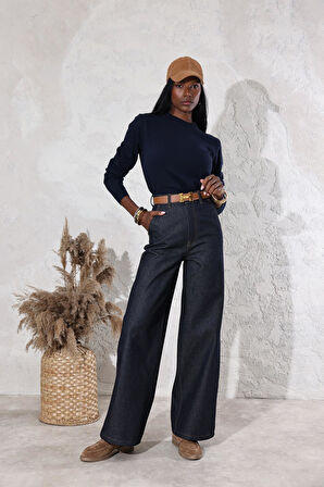 Koyu Lacivert Yüksek Bel Wide Leg Jean 308006