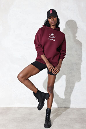 Bordo Kapüşonlu Baskılı Sweatshirt 4212