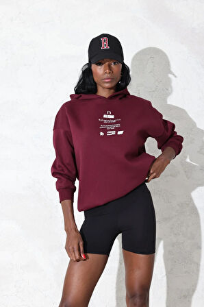 Bordo Kapüşonlu Baskılı Sweatshirt 4212