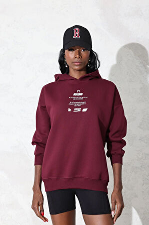 Bordo Kapüşonlu Baskılı Sweatshirt 4212