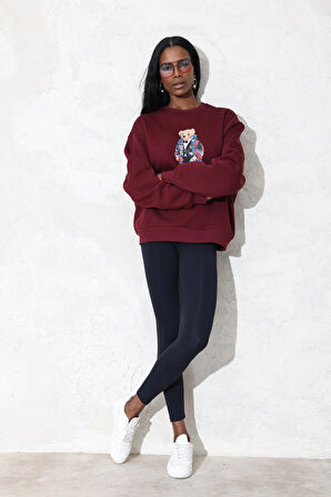 Bordo Ayıcık Baskılı Sweatshirt 110031