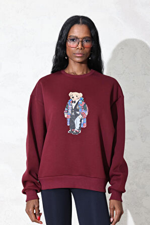 Bordo Ayıcık Baskılı Sweatshirt 110031