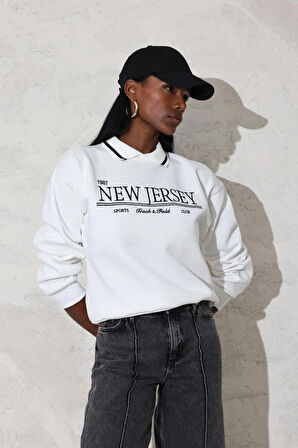 Beyaz New Jersey Nakışlı Sweatshirt 