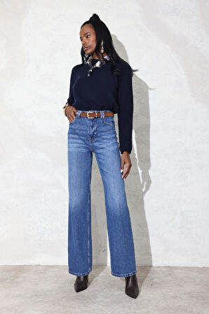 Mavi Yüksek Bel Wide Leg Jean 7714