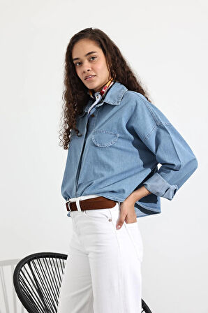 Mavi Süs Cepli Oversize Denim Gömlek 91642